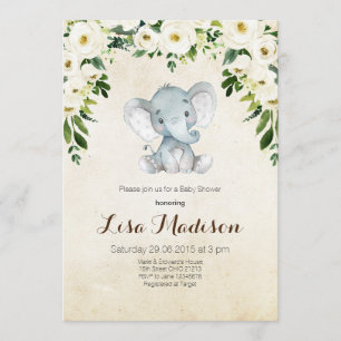 White Floral elephant Baby Shower Invitation