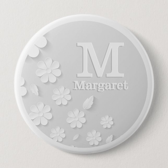 White floral embossed name initials personalised   10 cm round badge (Front)