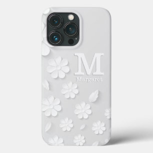 White floral embossed name initials personalised  iPhone 13 pro case