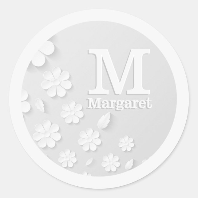 White floral embossed name initials personalised classic round sticker (Front)