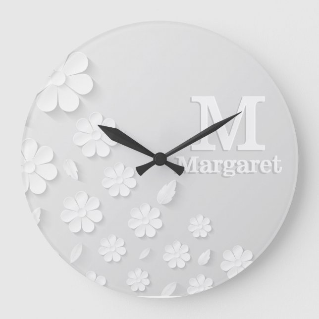 White floral embossed name initials personalised  large clock (Front)