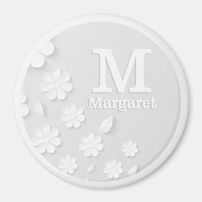 White floral embossed name initials personalised  magnet (Front)