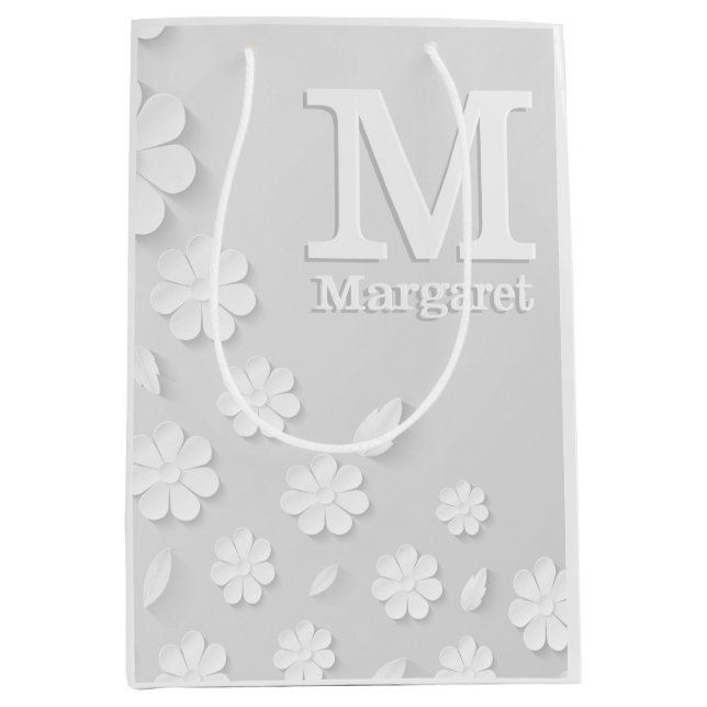 White floral embossed name initials personalised medium gift bag (Front)