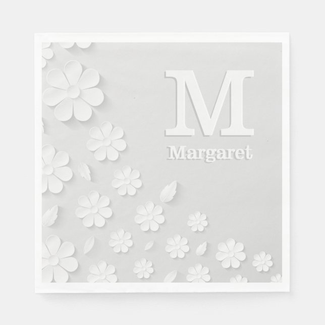 White floral embossed name initials personalised  napkin (Front)