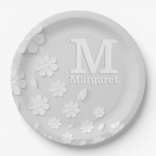 White floral embossed name initials personalised  paper plate (Front)