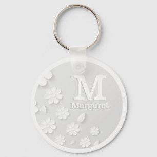 White floral embossed name initials personalized  key ring