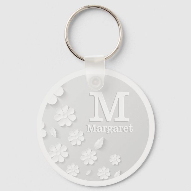 White floral embossed name initials personalized  key ring (Front)