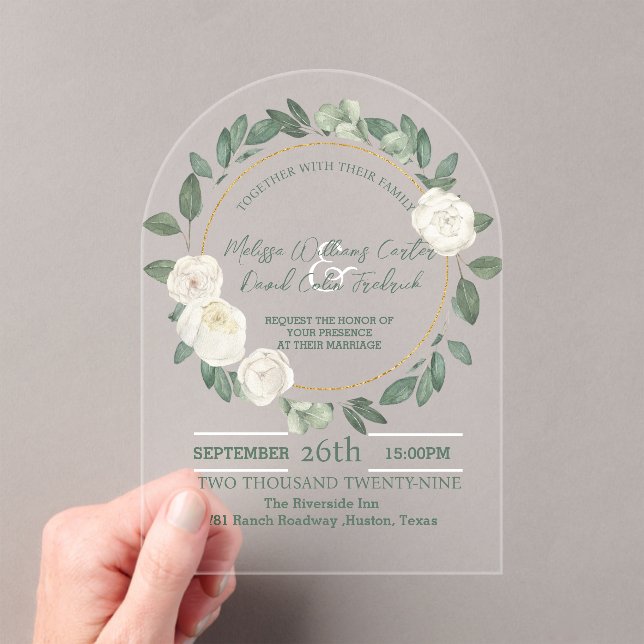 White Floral Eucalyptus Botanical Greenery Wedding Acrylic Invitations (Insitu (Handheld))