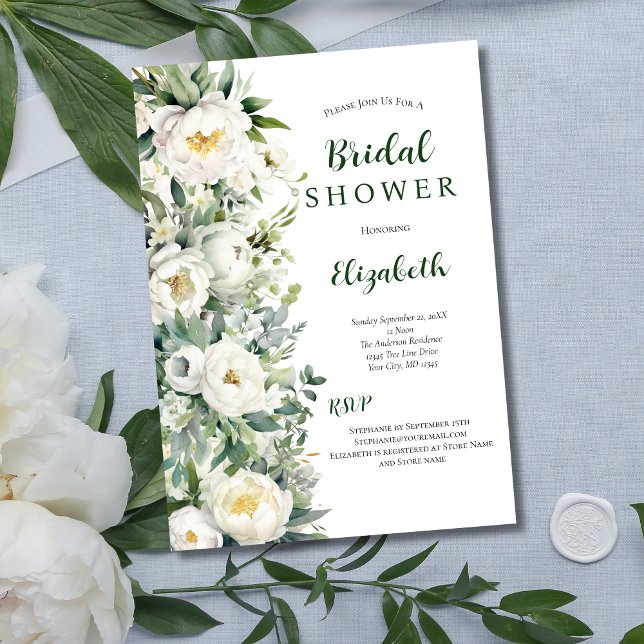 White Floral Eucalyptus Greenery Bridal Shower Invitation (White Peony Floral Eucalyptus Greenery Bridal Shower Invitation)