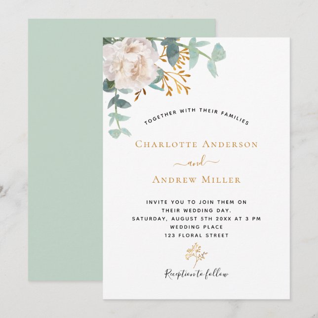 White floral Eucalyptus greenery modern wedding Invitation (Front/Back)