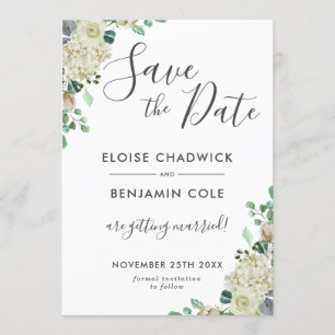 White Floral Eucalyptus Wedding Save the Date Card