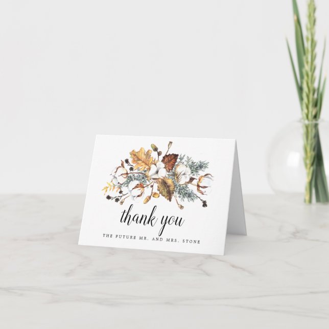 White Floral Fall Leaves Engagement Thank You Note (Front)