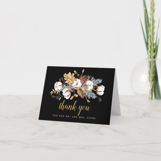 White Floral Fall Leaves Wedding Photo Thank You Card (Front)