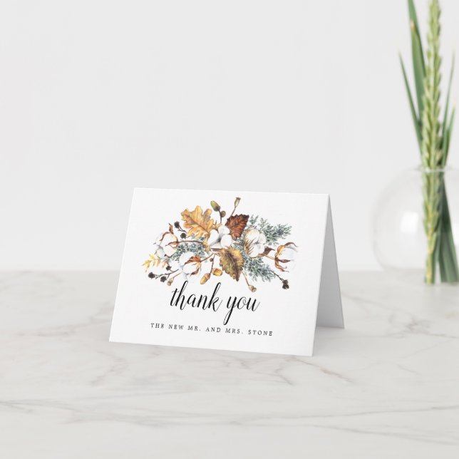 White Floral Fall Leaves Wedding Photo Thank You Card (Front)