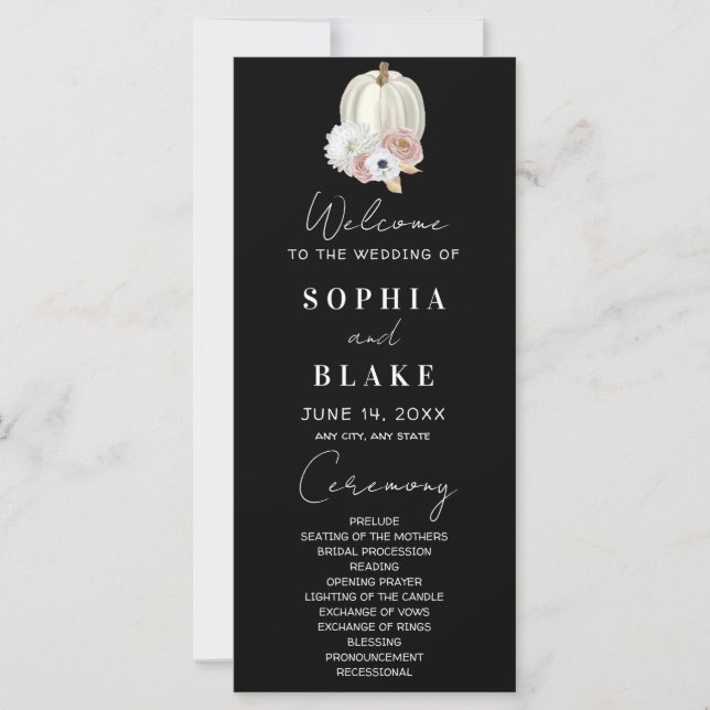 White Floral Fall Pumpkin Black Wedding Program (Front)
