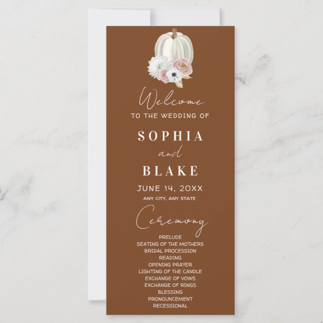 White Floral Fall Pumpkin Brown Wedding Program (Front)