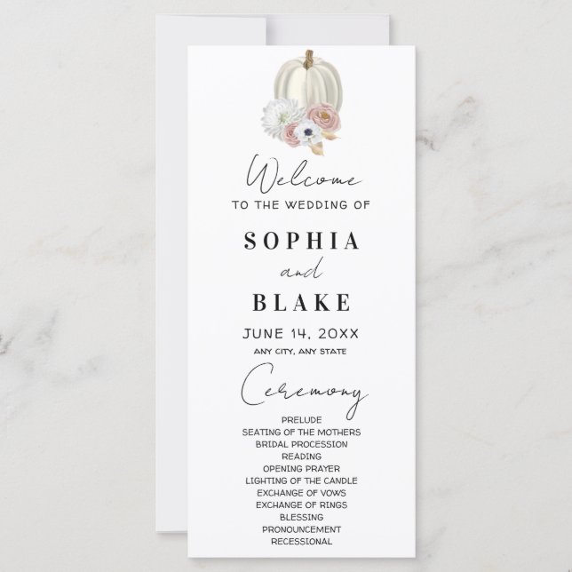 White Floral Fall Pumpkin White Wedding Program (Front)
