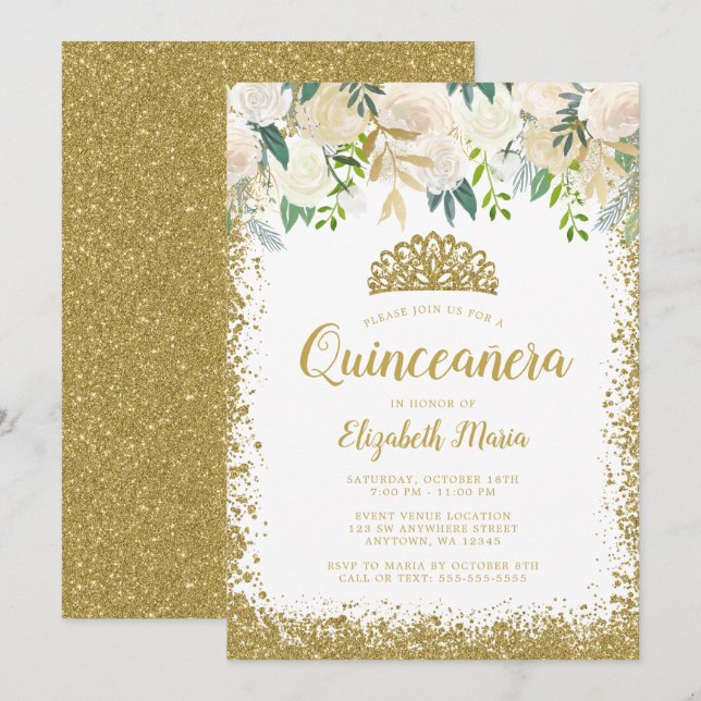 White Floral Faux Gold Glitter Tiara Quinceanera Invitation (Front/Back)