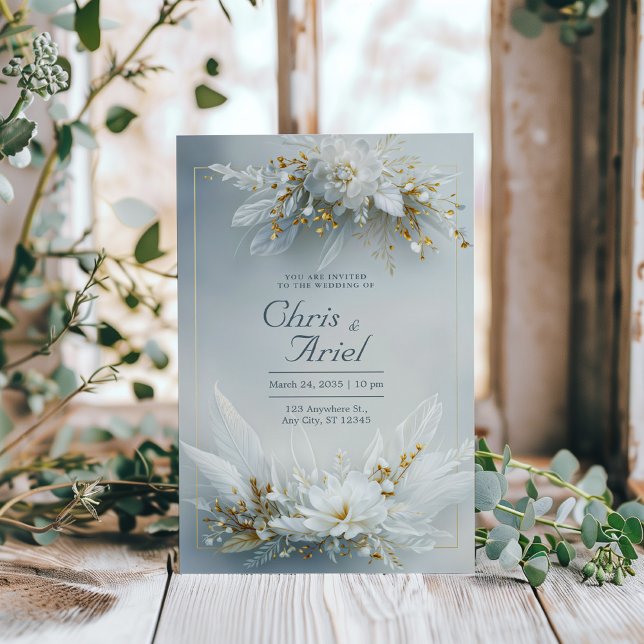 White Floral Feather Gold Frame Elegant Wedding Invitation (Creator Uploaded)