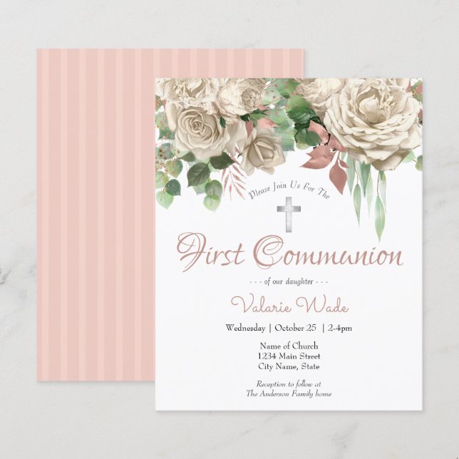 White Floral First Communion Budget Invitations (Front/Back)
