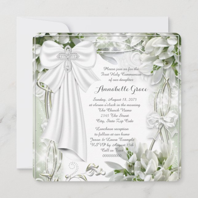White Floral First Communion Invitation (Front)