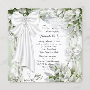 White Floral First Communion Invitation