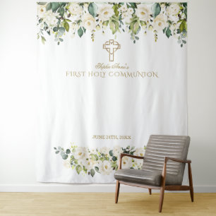 White Floral First Holy Communion Backdrop Tapestry