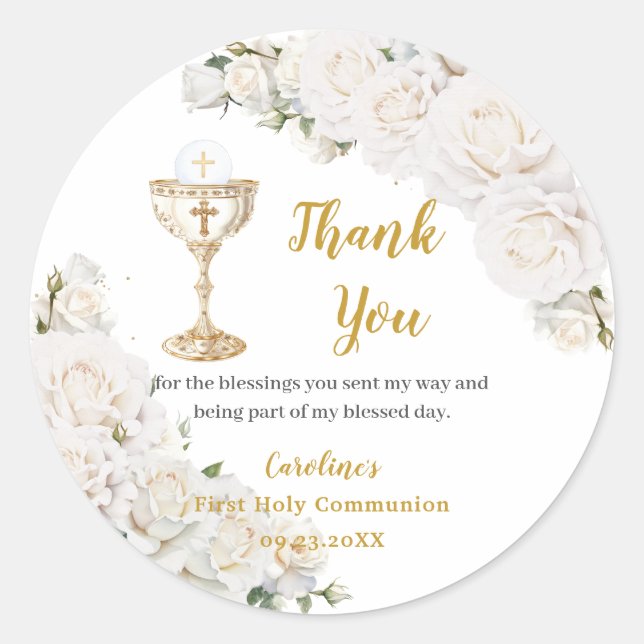 White Floral First Holy Communion Chalice Photo Classic Round Sticker (Front)