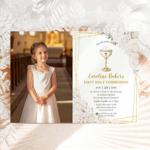 White Floral First Holy Communion Gold Chalice Invitation