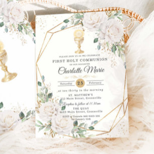 White Floral First Holy Communion Gold Chalice Invitation