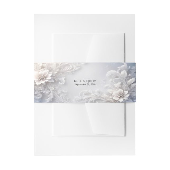 White Floral Flourish Invitation Belly Band (Front Example)