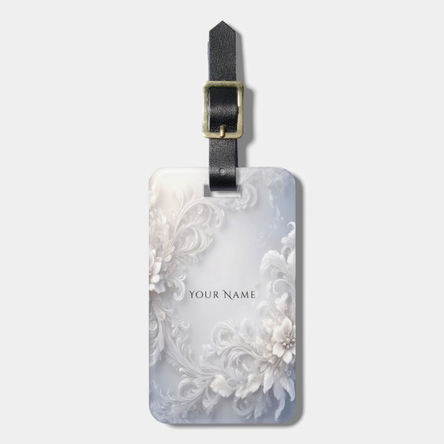 White Floral Flourish Luggage Tag (Front Vertical)
