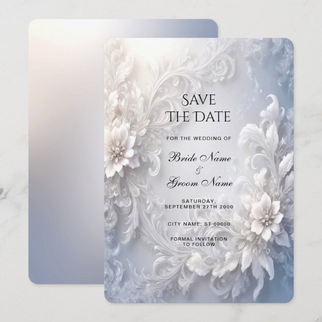 White Floral Flourish Save The Date (Front/Back)