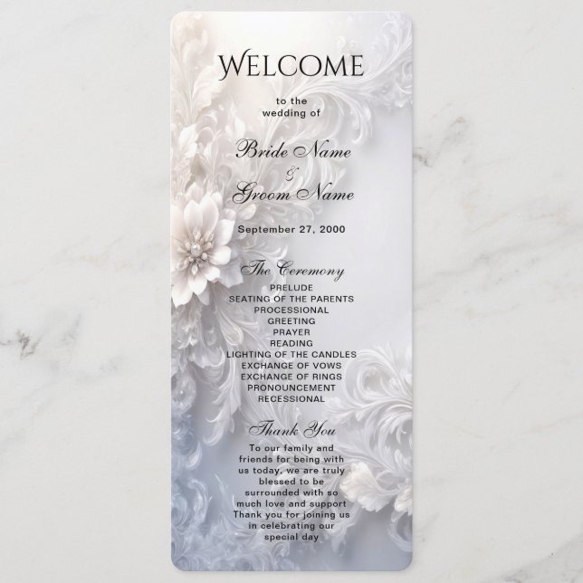 White Floral Flourish Wedding Program Programme (Front)
