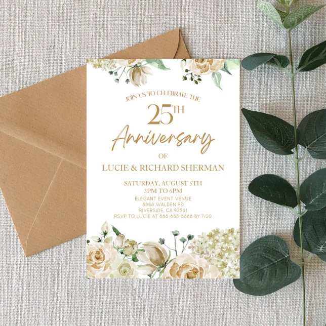 White Floral Flower 25th Tenth Wedding Anniversary Invitation (Creator Uploaded)
