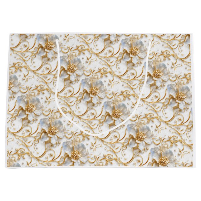 White floral flower wedding anniversary elegant  large gift bag (Front)