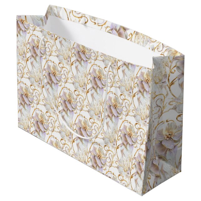 White floral flower wedding anniversary gold chic large gift bag (Back Angled)