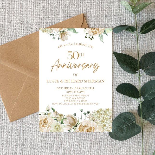 White Floral Flowers 50th Wedding Anniversary Invitation (Creator Uploaded)