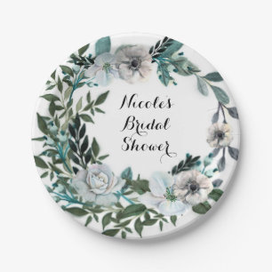 White Floral Flowers Botanical Greenery Wreath Paper Plate