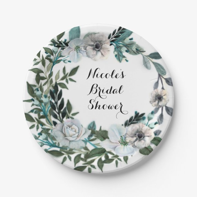 White Floral Flowers Botanical Greenery Wreath Paper Plate (Front)