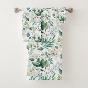 White Floral Flowers Greenery Eucalyptus Elegant Bath Towel Set