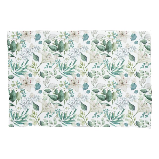 White Floral Flowers Greenery Eucalyptus Elegant Pillowcase (Front)