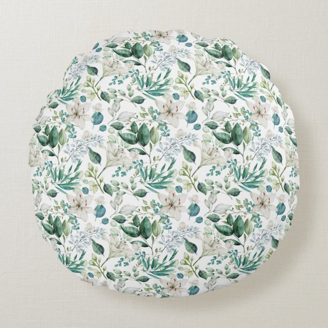 White Floral Flowers Greenery Eucalyptus Elegant Round Cushion (Front)