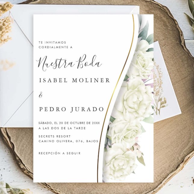 White Floral Foliage Nuestra Boda Spanish Wedding Invitation (Creator Uploaded)