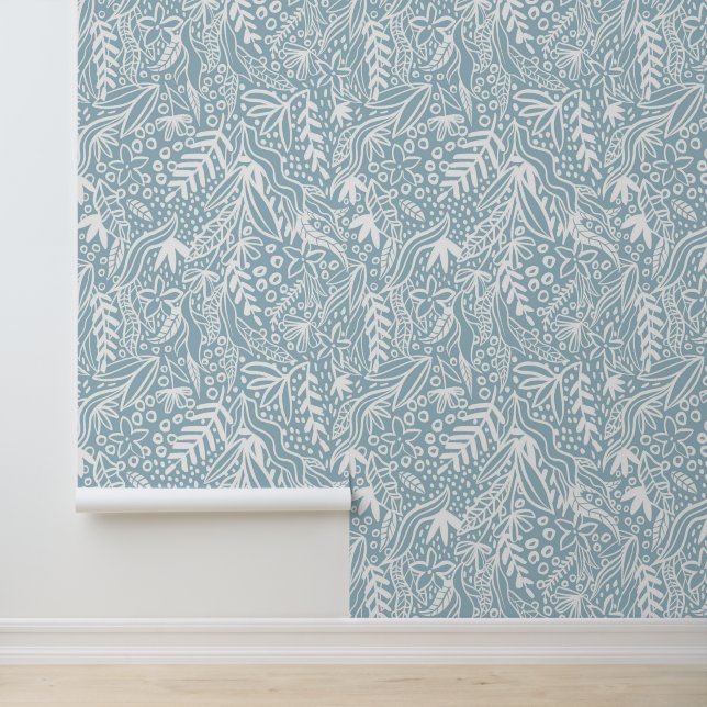 White Floral Foliage on Blue Design Wallpaper (Application)