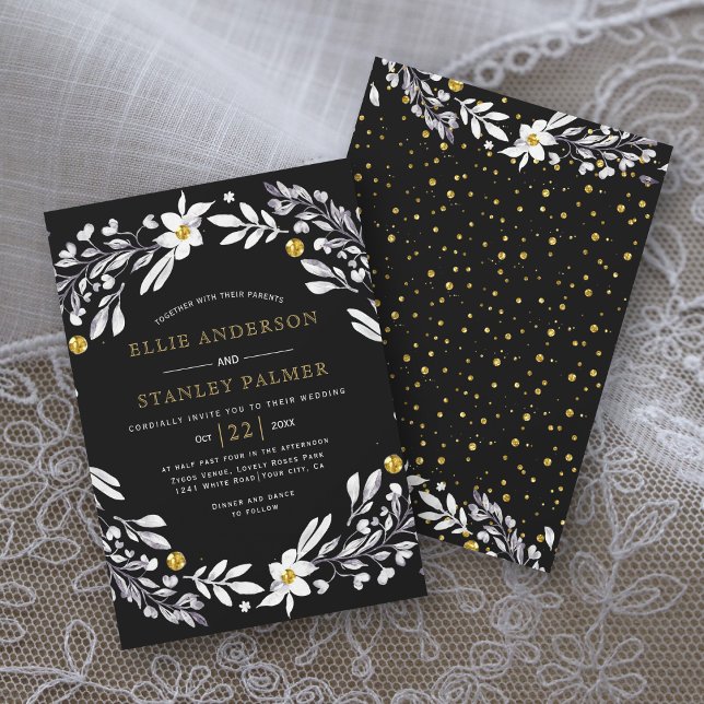 White floral frame gold confetti black wedding inv invitation (Creator Uploaded)