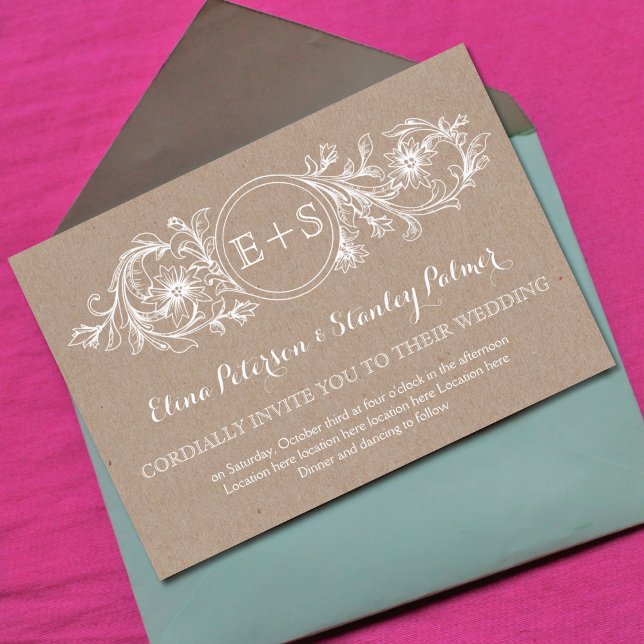 White floral frame, initials kraft paper wedding invitation (Creator Uploaded)