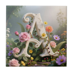 White Floral Garden Monogram Letter A Tile