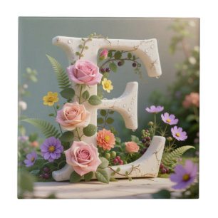 White Floral Garden Monogram Letter E Tile
