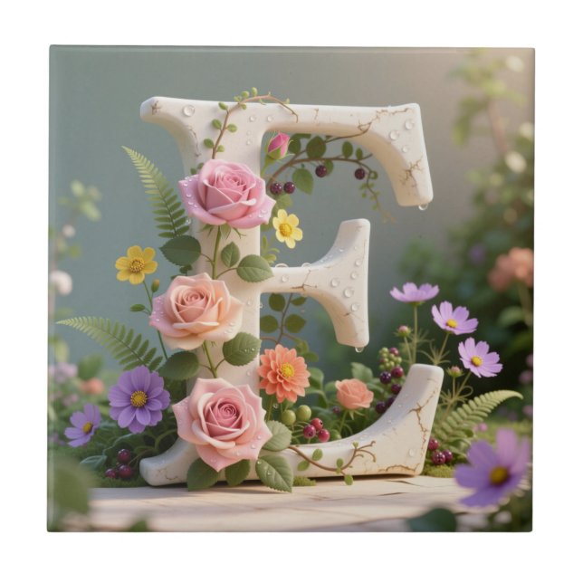White Floral Garden Monogram Letter E Tile (Front)